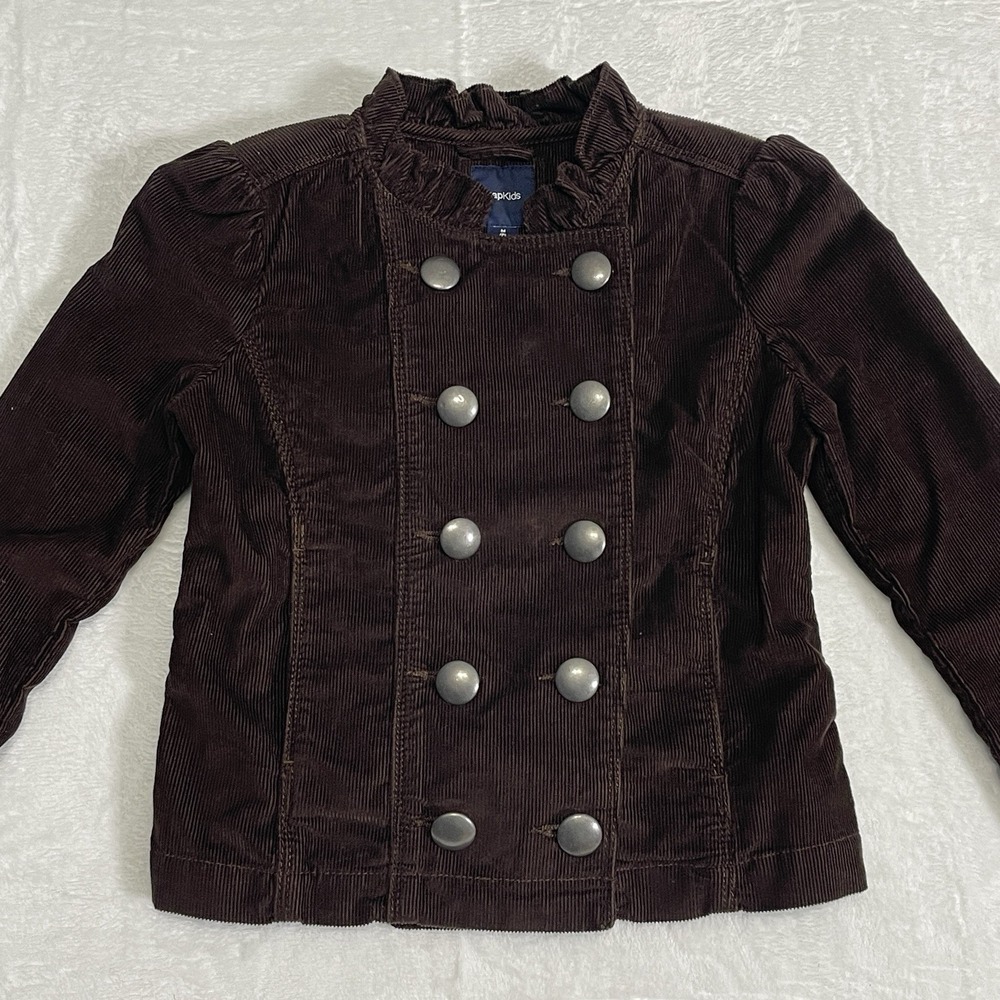 GAP Kids Jacket Pea Coat Brown Corduroy Silver Buttons Girls M 8 Blazer Ruffles